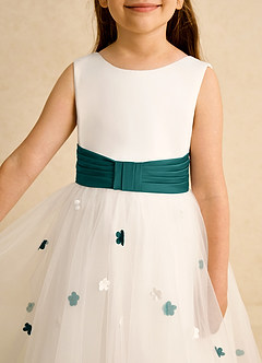 Azazie Cricket Flower Girl Dresses Ivory Peacock Ball-Gown Pleated Matte Satin Dress image8