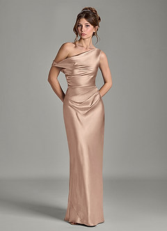Azazie Emerson Bridesmaid Dresses Taupe Mermaid Off the Shoulder Metallic Satin Dress image3