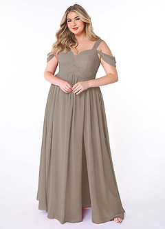 Azazie Lianne Bridesmaid Dresses Taupe A-Line Off the Shoulder Chiffon Dress image8