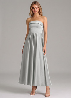 Azazie Lucienne Bridesmaid Dresses Silver A-Line Pleated Stretch Satin Dress image1