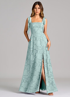 Azazie Debra 신부 들러리 드레스 A라인 포켓이 있는 플로럴 번아웃 바닥 길이 드레스 image1