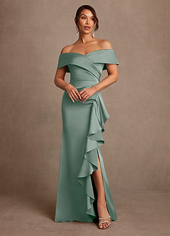 Azazie Kirsty Mère de la mariée Robes Robe Fourreau en Satin extensible Épaule décolletée Sauge D'argent image1