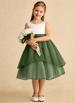 Azazie Rene Blumenmädchenkleider A-Linie Schleifen Tüll Kleid Elfenbein Olivgrün image3