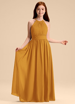 Azazie Malone Junior Robe Trapèze en Mousseline de soie Plissée Caramel écossais image6
