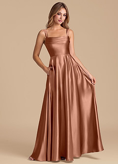 Azazie Shaude Abiti da Damigella Abito A-Line in Raso Metallizzato Plissettato Bronzo image3