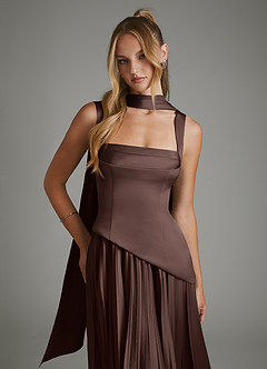 Azazie Stephanie At-home Try On Dresses Burgundy A-Line Corset Stretch Satin Dress image5