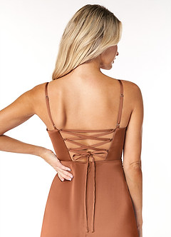 Azazie Marchella Bridesmaid Dresses Copper A-Line Corset Stretch Satin Dress image3