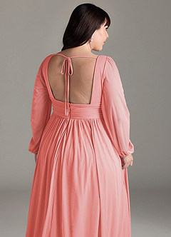 Azazie Norah Bridesmaid Dresses Coral A-Line V-Neck Long Sleeve Chiffon Dress image13
