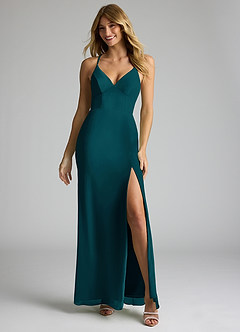 Azazie Becca Bridesmaid Dresses Pine Sheath V-Neck Chiffon Dress image3