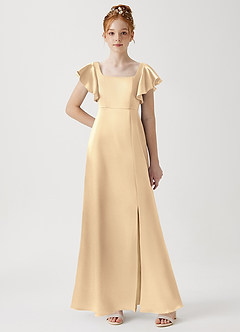Azazie Bondi Junior Gold A-Line Side Slit Metallic Satin Dress image1