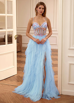 Madellow Sky Blue Sequined embroidery Tulle A-line Corset Prom Dress image1