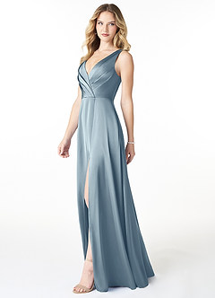 Azazie Nelly Vestidos de damas de honor Vestido de Azul Polvoriento de Satén Elástico de Corte en A con Cuello en V Plisado image3