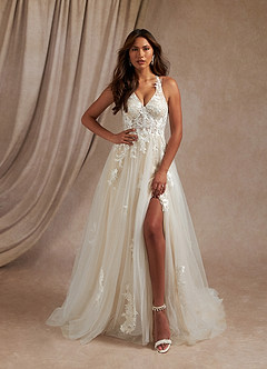 Azazie Dysis Wedding Dresses Diamond White Champagne A-Line Halter Sequins Tulle Dress image3