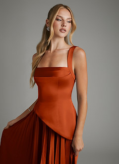 Azazie Stephanie Robes de demoiselle d'honneur Robe Trapèze en Satin extensible Corset Paprika image3