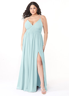 Azazie Aaida At-home Try On Dresses Dusty Blue A-Line Corset Chiffon Dress image7