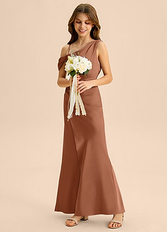 Azazie Madelyn Junior Osłona Zza ramienia Satyna elastyczna Długość podłogi Młodsza druhna Sukienka image5