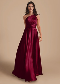 Azazie Charlize Bridesmaid Dresses Burgundy A-Line One Shoulder Metallic Satin Dress image1