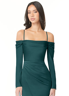 Azazie Hallie Bridesmaid Dresses Pine Sheath Off-The-Shoulder Long Sleeve Stretch Satin Convertible Dress image2