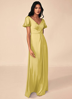 Azazie Soren Bridesmaid Dresses Canary A-Line Pleated Stretch Satin Dress image4