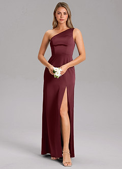 Azazie Feby Vestidos de damas de honor Vestido de Cabernet de Satén Elástico de Corte en A con Hombro unilateral image1