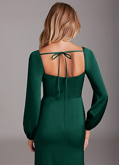 Azazie Charissa Bridesmaid Dresses Emerald Sheath Long Sleeve Stretch Satin Dress image2
