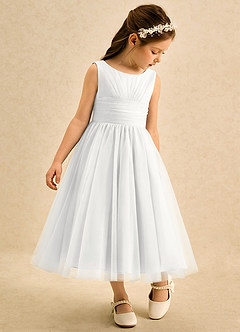 Azazie Macaron Jurken voor bloemenmeisjes A-Lijn Jurk van Tule Geplooid Wit image1