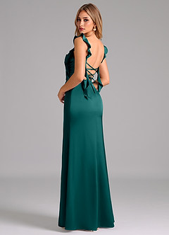 Azazie Jessamine Bridesmaid Dresses Peacock A-Line Corset Stretch Satin Dress image2
