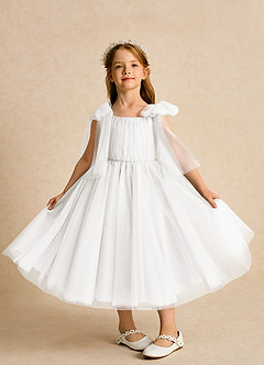 Azazie Dori Flower Girl Dresses Ivory A-Line Ruched Tulle Dress image6