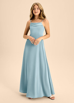 Azazie Anselie Junior Moody Blue A-Line Off the Shoulder Stretch Satin Dress image3
