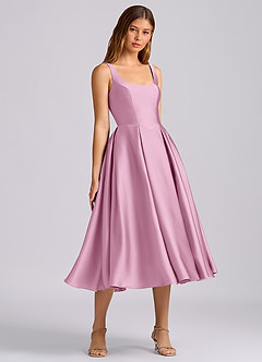Azazie Amalie Vestidos de damas de honor Vestido de Rosa Caramelo de Satén Elástico de Línea A con Plisado image1