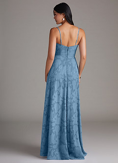 Azazie Moira Bridesmaid Dresses Steel Blue A-Line Side Slit Floral Burnout Dress image2