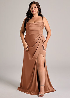 Azazie Johana Robes de demoiselle d'honneur Robe Sirène Convertible en Satin extensible Épaule décolletée Bronze image13