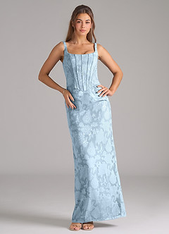 Azazie Kenna Vestidos de damas de honor Vestido de Azul Cielo de Devorado Floral de Corte Recto con Corte Lateral image3