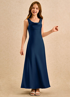 Azazie Raspberry Girls Formal Robe Demoiselle D'honneur Fillette Robe Trapèze en Satin extensible Plissée Bleu Marine Foncé image4