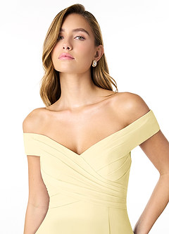 Azazie Lecia Bridesmaid Dresses Lemon Sorbet Empire Off-The-Shoulder Pleated Chiffon Convertible Dress image4