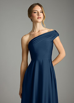Azazie Melanie At-home Try On Dresses Dark Navy A-Line Off the Shoulder Stretch Satin Dress image6