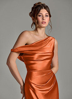 Azazie Emerson Bridesmaid Dresses Burnt Orange Mermaid Off the Shoulder Metallic Satin Dress image7