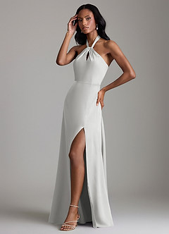 Azazie Tracie Vestidos de damas de honor Vestido de Plata de Satén Elástico de Corte en A con Corte Lateral image4