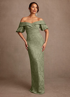 Azazie Golda Mother of the Bride Dresses Pistachio Sheath Off the Shoulder Floral Burnout Dress image1