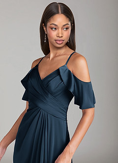 Azazie Dakota Jurken voor bruidsmeisjes Jurk van Stretch Satijn met A-lijn Off-shoulder Donkere Marine image5