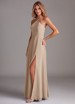 Azazie Bailey Bridesmaid Dresses Taupe A-Line Halter Side Slit Chiffon Dress image3