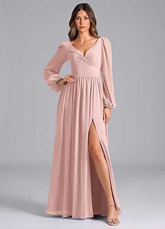 Azazie Teri Robes de demoiselle d'honneur Robe Trapèze en Mousseline de soie Manches longues Rose Poudré image1