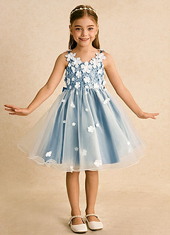 Azazie Junebug vestidos de niña de las flores Vestido de Marfil Azul Acero de Tul de Princesa con Encaje image3