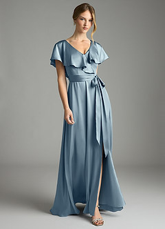 Azazie Lainey Bridesmaid Dresses Dusty Blue A-Line with Pockets Stretch Satin Dress image4