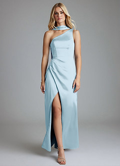 Azazie Adhara Venta Final Vestido de Azul Cielo de Satén Elástico de Corte Recto con Hombro unilateral image5