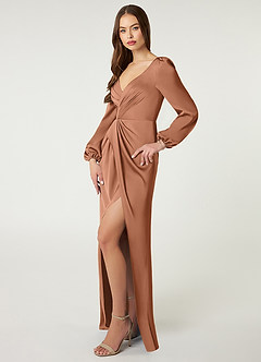 Azazie Mel Bridesmaid Dresses Bronzer Sheath Long Sleeve Stretch Satin Dress image3