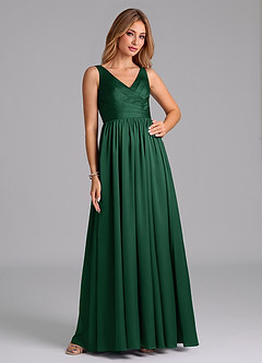 Azazie Keyla Bridesmaid Dresses Dark Green A-Line Pleated Stretch Satin Dress image5