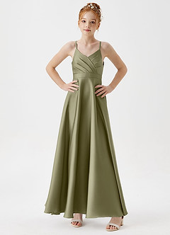 Azazie Avelina Junior A-Linie Plissee Stretch-Satin Kleid Pistazie image3
