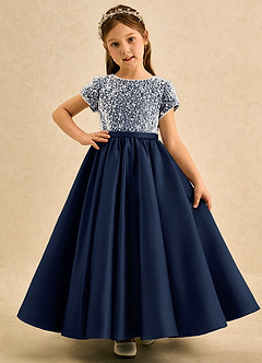 Azazie Cashew Flower Girl Dresses Dark Navy Ball-Gown with Sleeves Matte Satin Dress image2