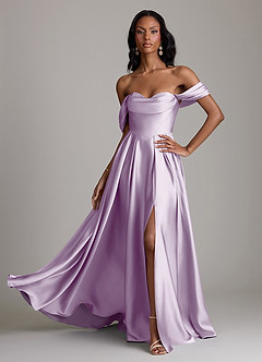 Azazie Loisa Abiti da Damigella Abito A-Line in Raso Elasticizzato a Spalla Scoperta Lilla Glassato image1